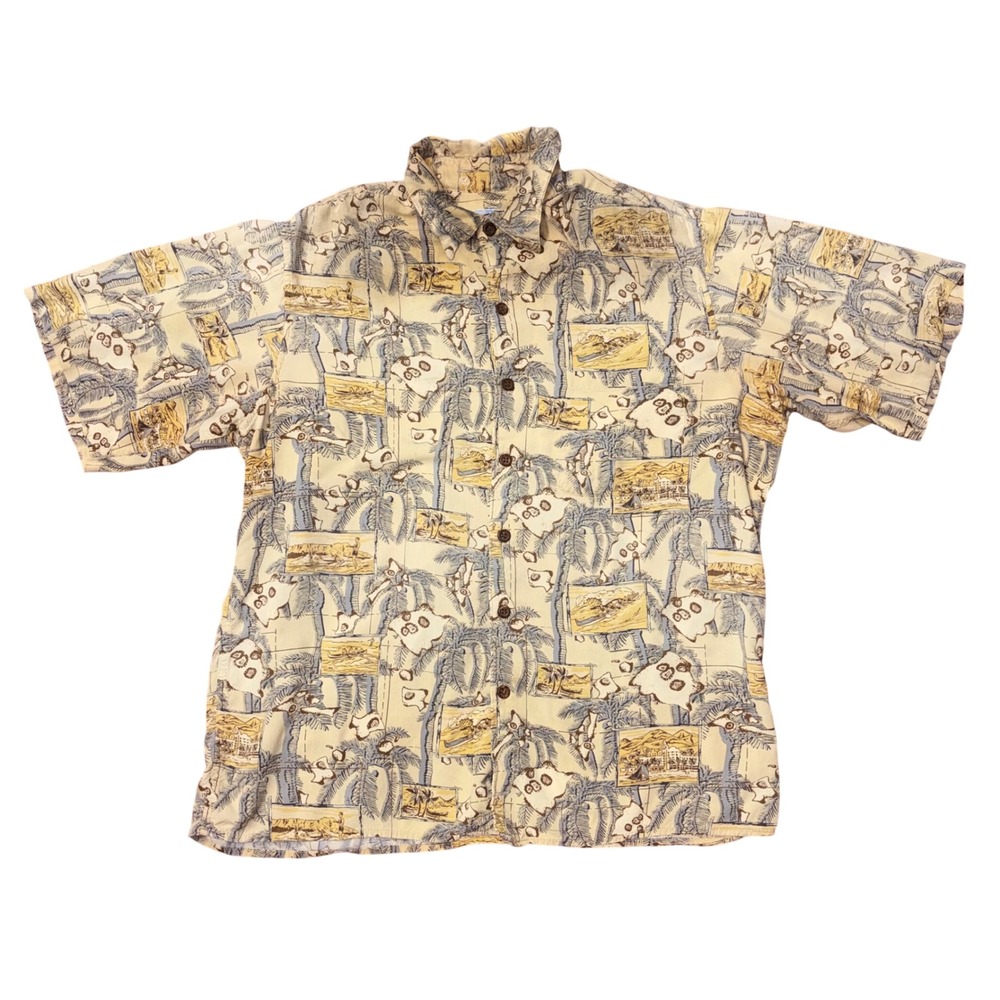 Reyn Spooner Hawaiian Traditions Spun Rayon Scenic Palm Tree Shirt Mens Medium
